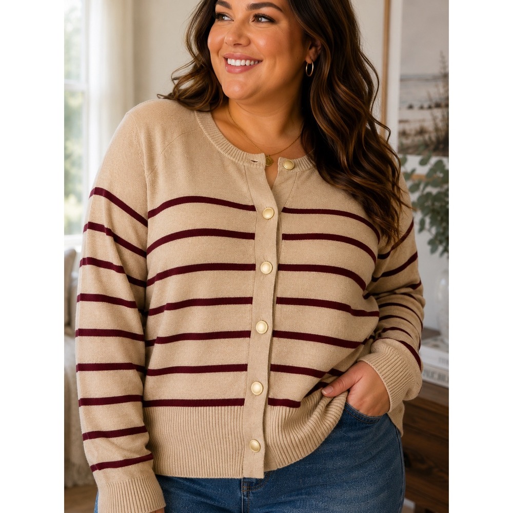 Womens Plus XXL Tan Burgundy Striped Button Front Cardigan Gold Buttons NEW